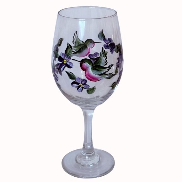 Hand Painted Hummingbird Wine Glass Artistic Purple Violets Stemware Bird Gift - Picture 4 of 14